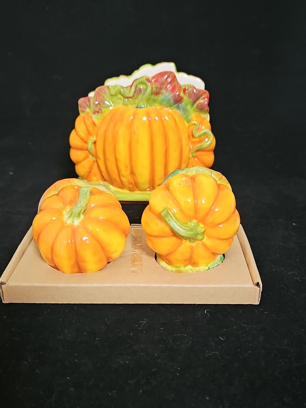 Ceramic Pumpkin Salt & Pepper Shakers with Napkin Holder - Orange